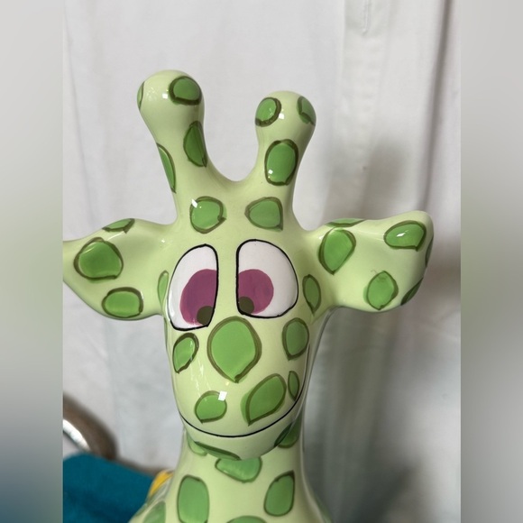 Giraffe Piggy Bank Ceramic Ganz signed Pati Green Polka Dots & Purple Eyes 15” - Picture 6 of 6